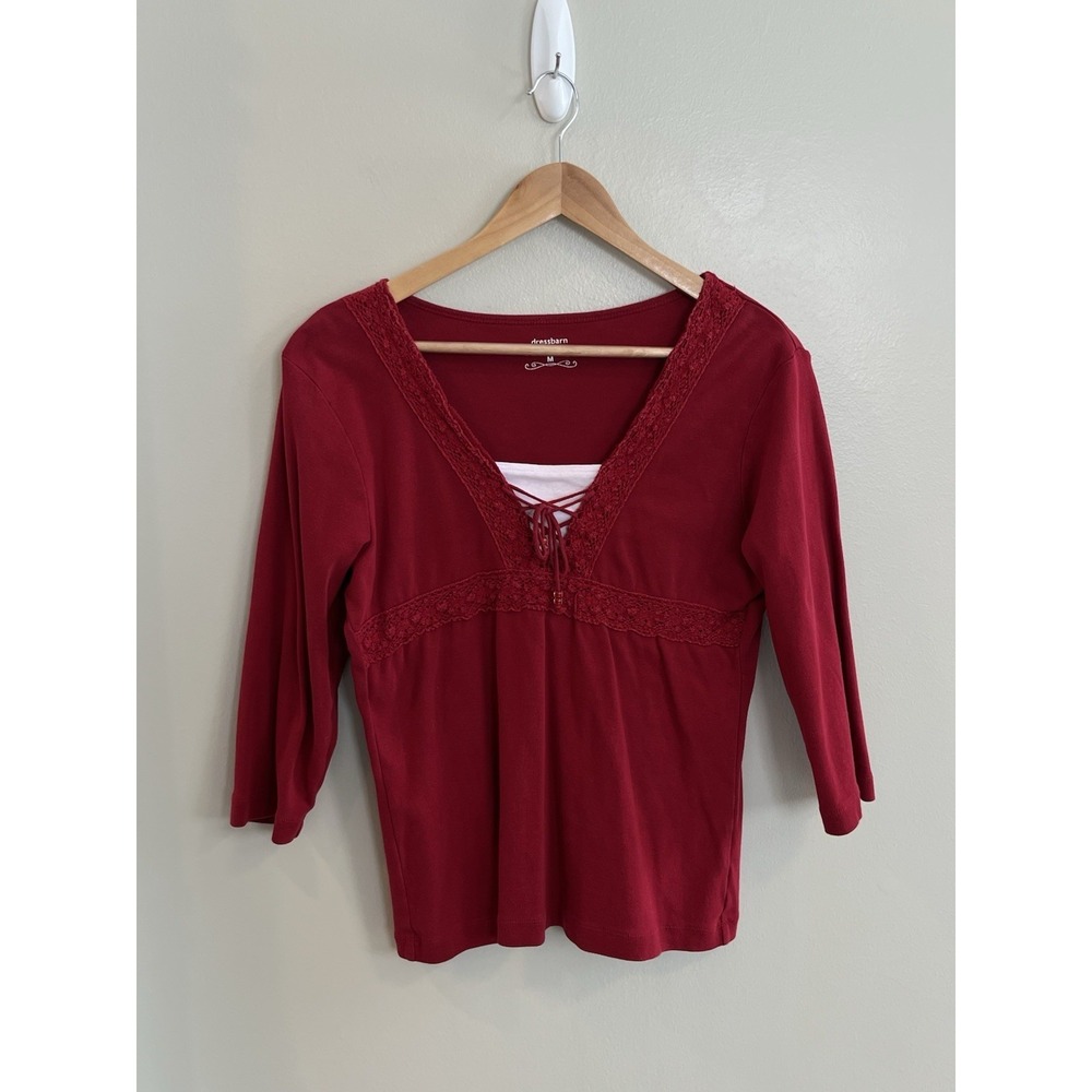 Dressbarn Women's Y2K Laceβ Up Babydoll Top Red Sz M 100% Cotton